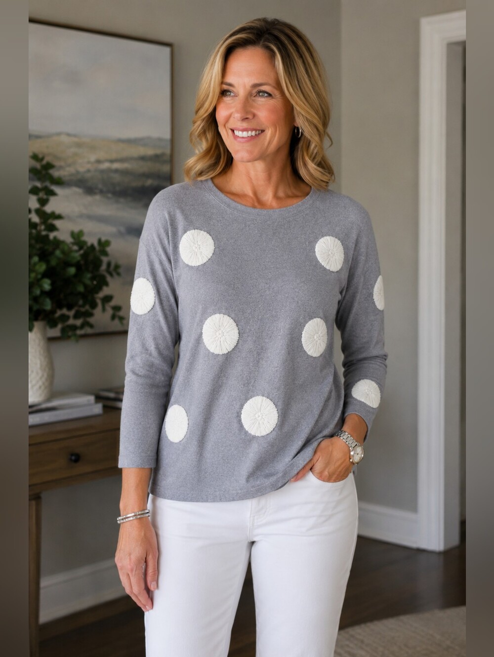 Aaeda Gray Rosette Appliqué Sweater Small NWOT Ultra Soft